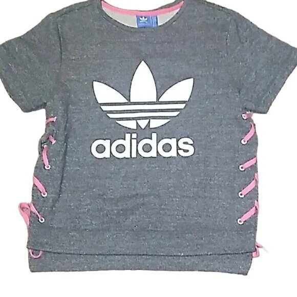 Adidas Originals Gray Trefoil Logo Lace Up Crewneck T-shirt - Picture 2 of 4